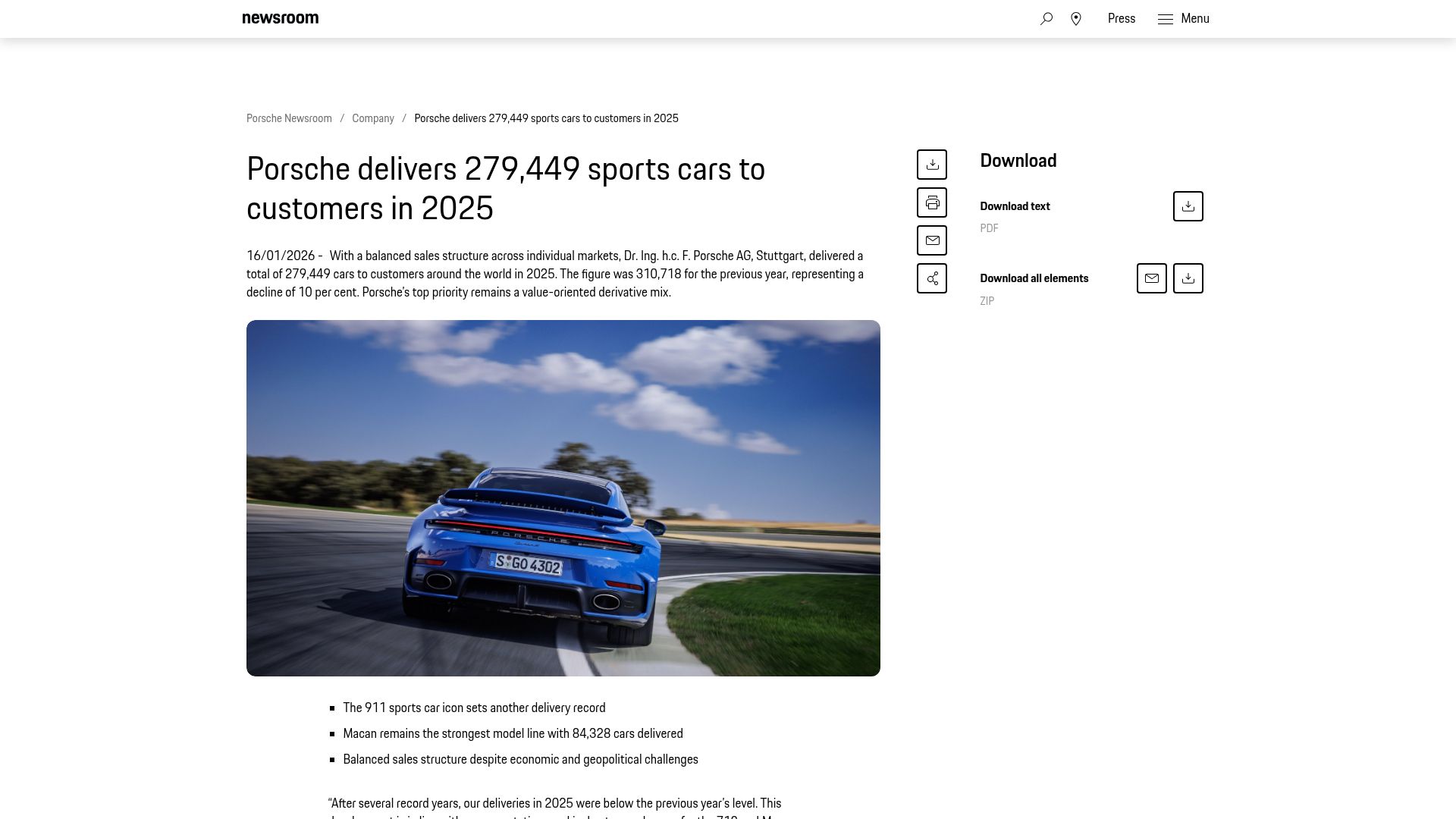 Screenshot of newsroom.porsche.com: Porsche sold more electrified cars in Europe in 2025 than pure gas-powered cars