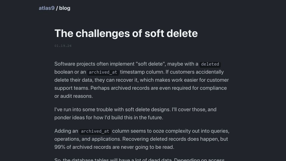 Screenshot of atlas9.dev: The challenges of soft delete