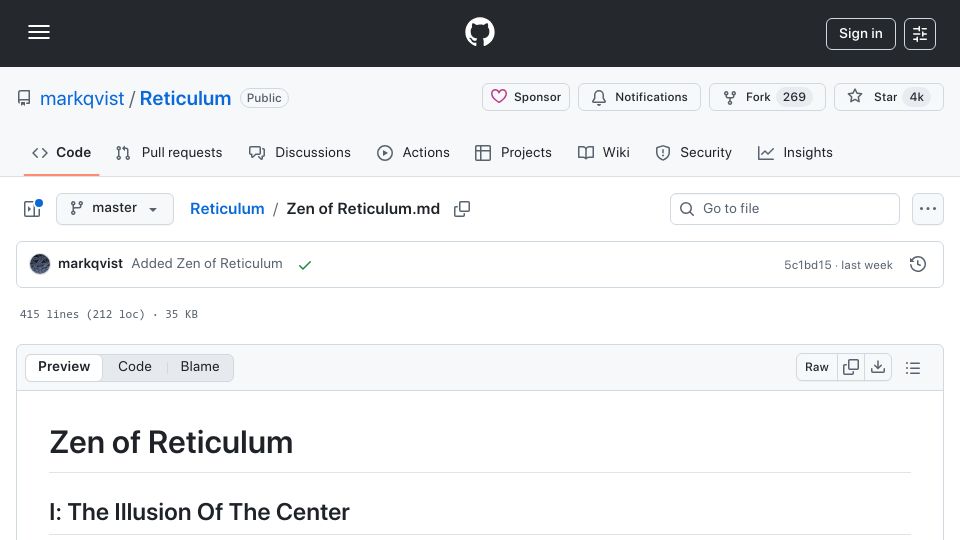 Screenshot of github.com: The Zen of Reticulum