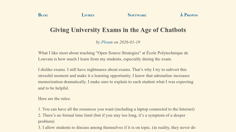 Screenshot of ploum.net: Giving university exams in the age of chatbots