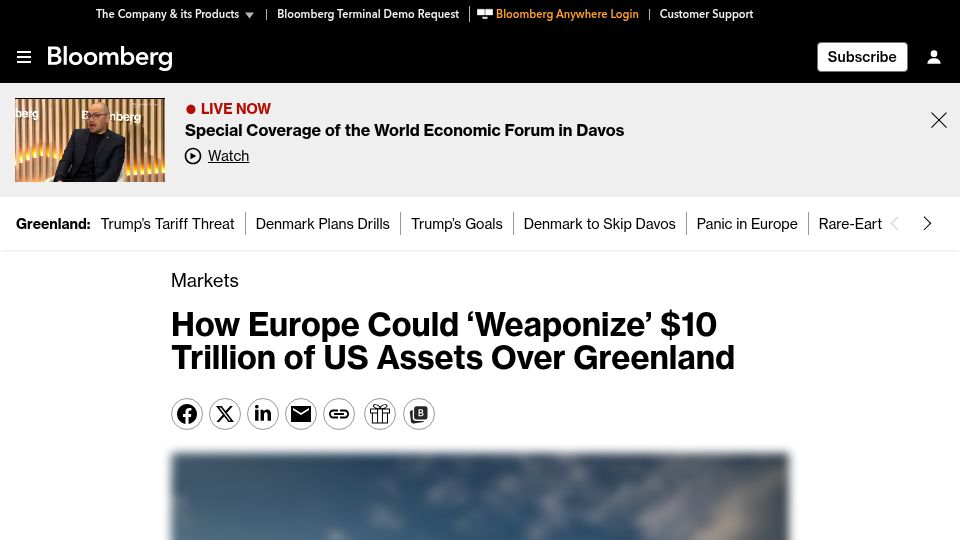 Screenshot of bloomberg.com: Europe could 'weaponize' $10T of US assets over Greenland