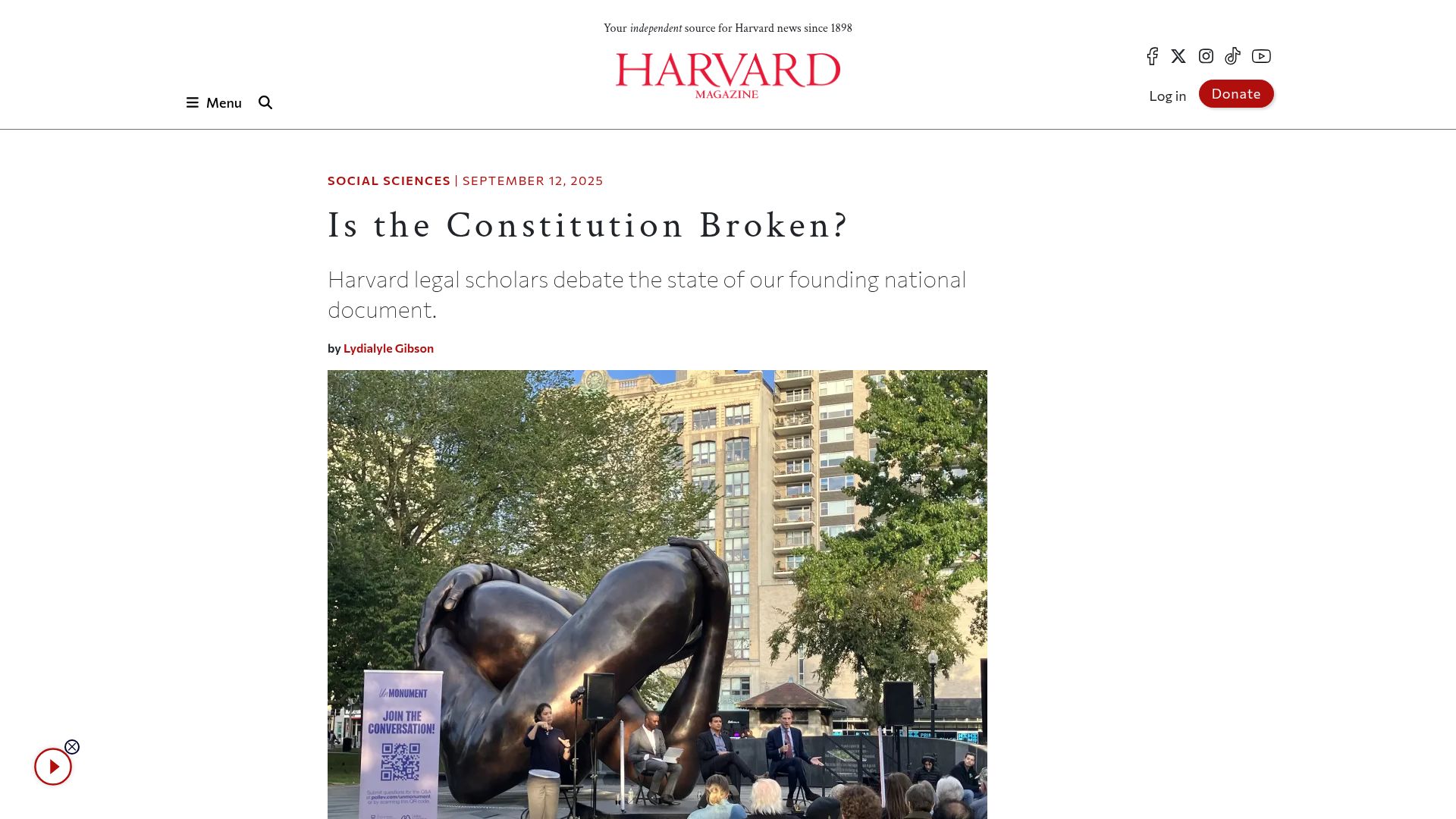 Screenshot of harvardmagazine.com: Harvard legal scholars debate the state of the U.S. constitution (2025)