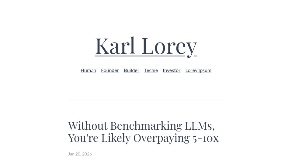 Screenshot of karllorey.com: Without benchmarking LLMs, you're likely overpaying