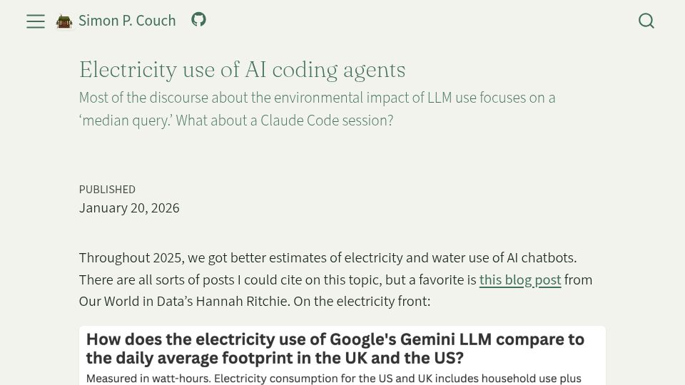 Screenshot of simonpcouch.com: Electricity use of AI coding agents