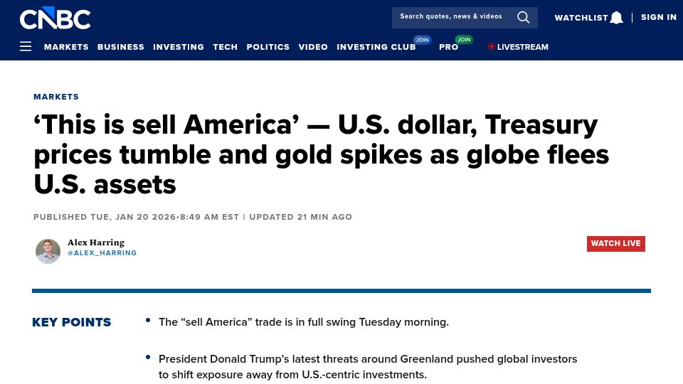 Screenshot of cnbc.com: 'This is sell America' – US dollar tumbles as globe flees US assets