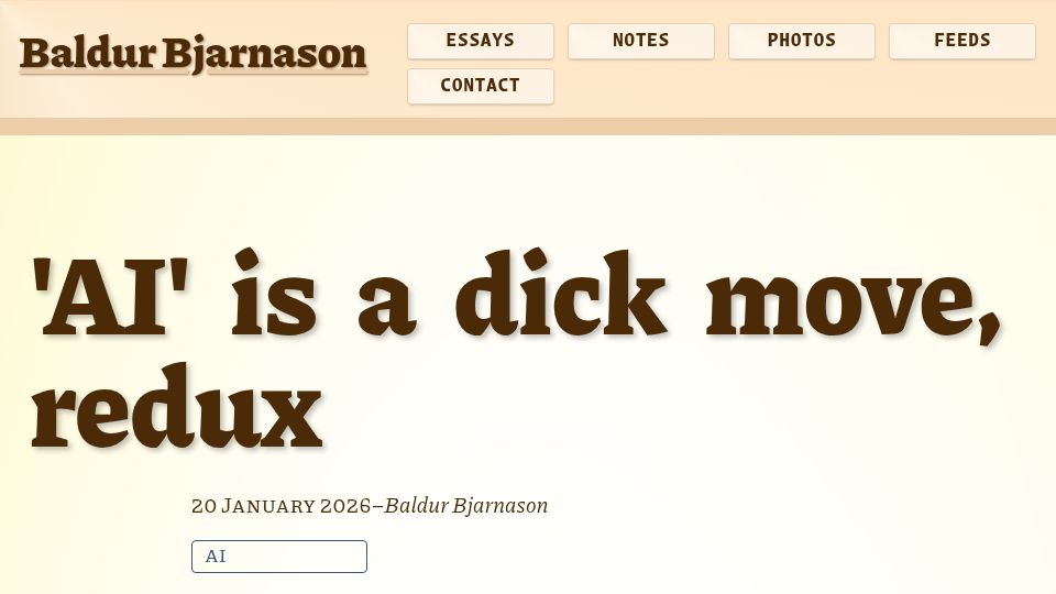 Screenshot of baldurbjarnason.com: 'AI' is a dick move, redux
