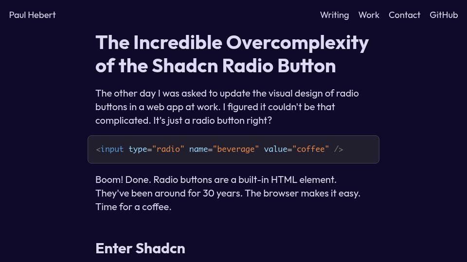 Screenshot of paulmakeswebsites.com: The Overcomplexity of the Shadcn Radio Button