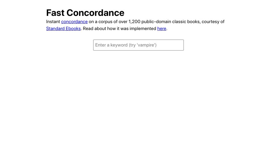 Screenshot of iafisher.com: Fast Concordance: Instant concordance on a corpus of >1,200 books