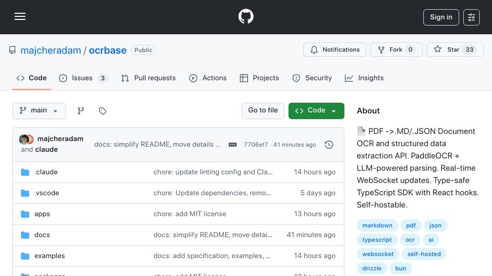 Screenshot of github.com: Show HN: Ocrbase – pdf → .md/.json document OCR and structured extraction API