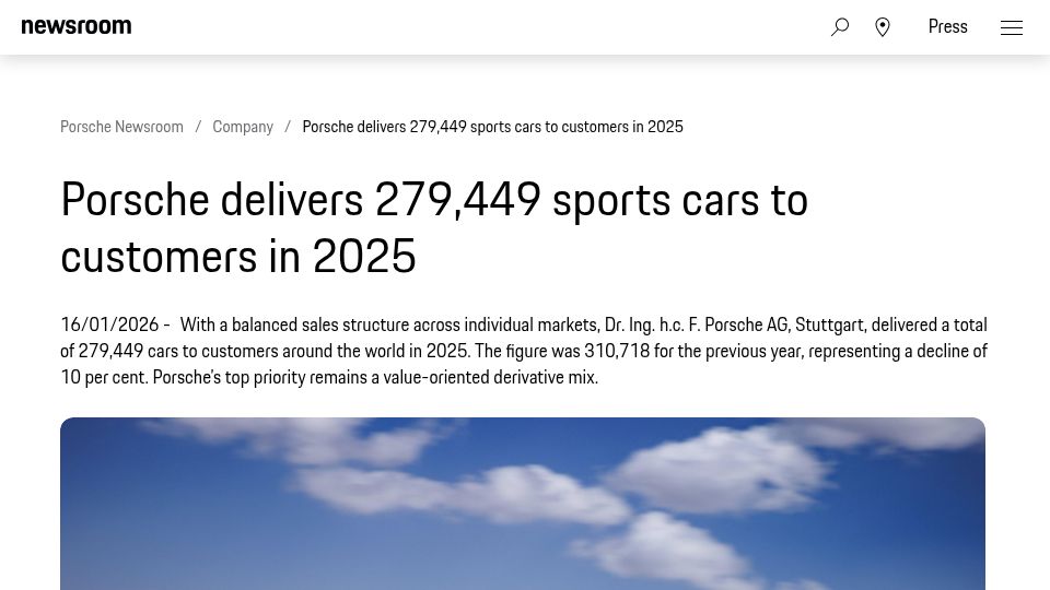 Screenshot of newsroom.porsche.com: Porsche sold more electrified cars in Europe in 2025 than pure gas-powered cars