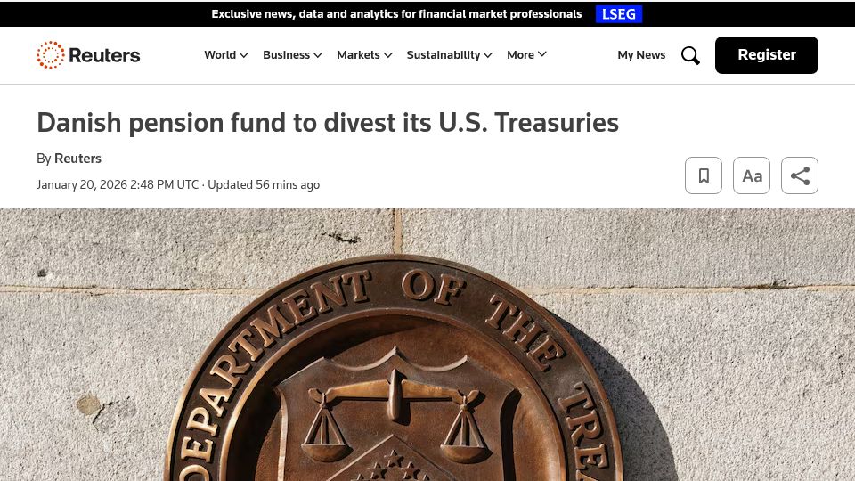Screenshot of reuters.com: Danish pension fund divesting US Treasuries