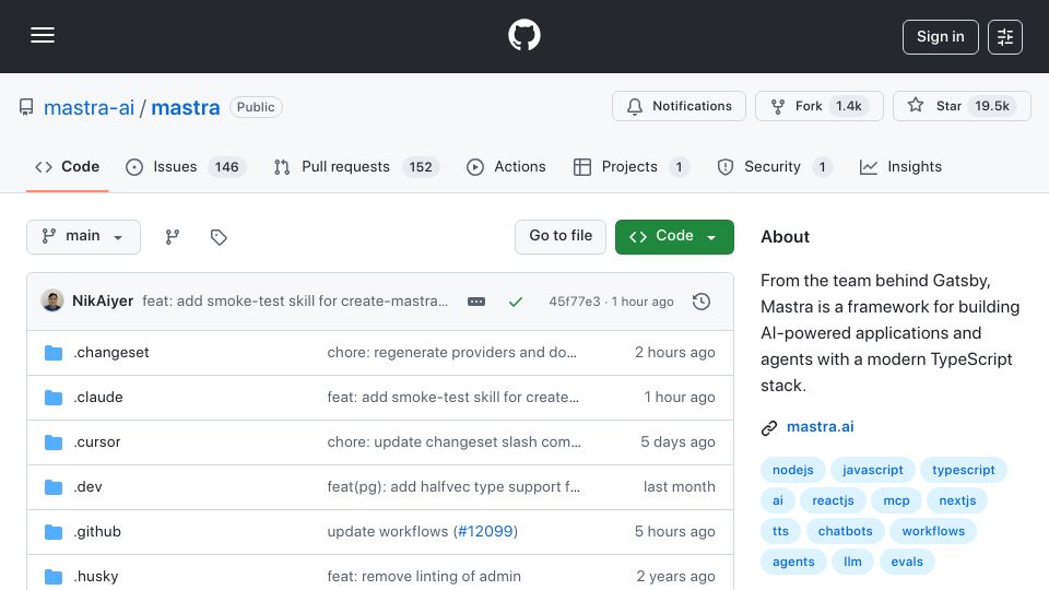 Screenshot of github.com: Show HN: Mastra 1.0, open-source JavaScript agent framework from the Gatsby devs