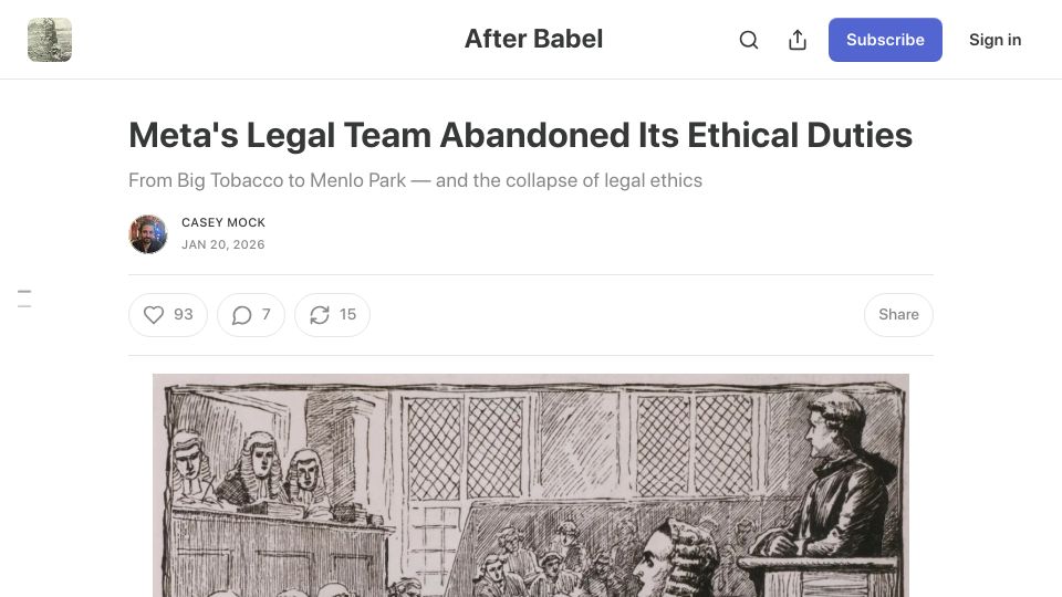 Screenshot of afterbabel.com: Meta's Legal Team Abandoned Its Ethical Duties