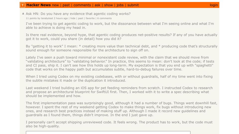 Screenshot of Hacker News post: Ask HN: Do you have any evidence that agentic coding works?