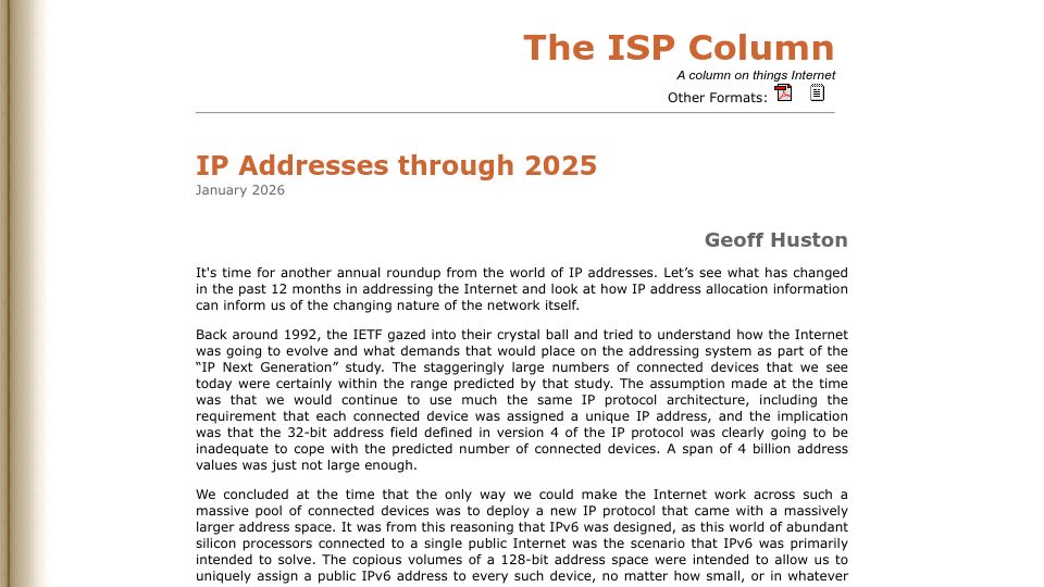 Screenshot of potaroo.net: IP Addresses Through 2025