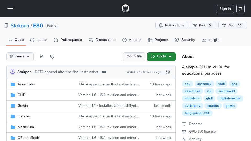 Screenshot of github.com: Show HN: E80: an 8-bit CPU in structural VHDL