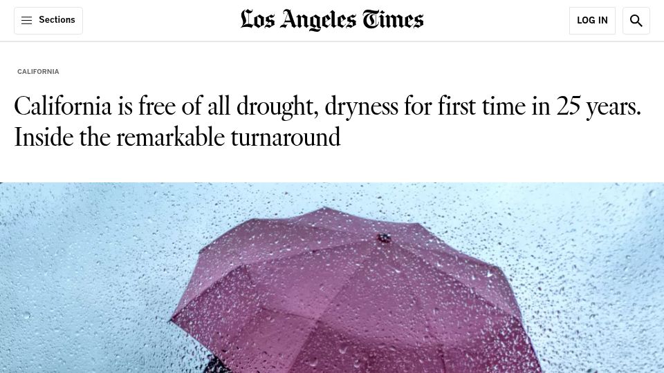 Screenshot of latimes.com: California is free of drought for the first time in 25 years
