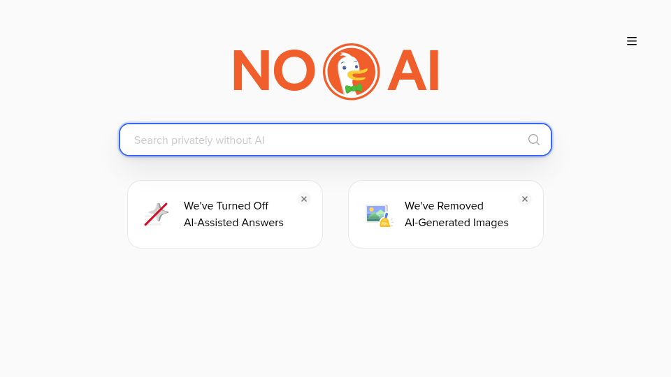 Screenshot of noai.duckduckgo.com: We've Turned Off AI‑Assisted Answers
