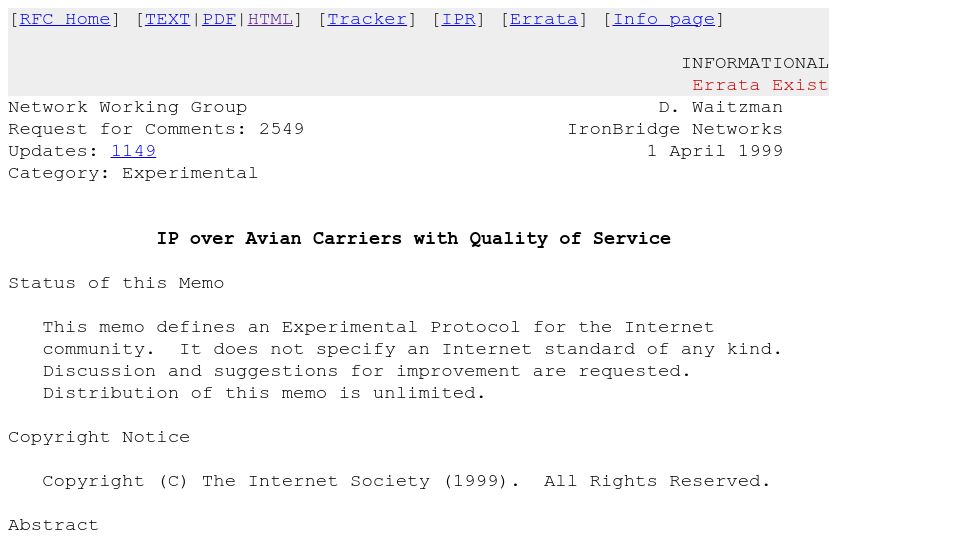 Screenshot of rfc-editor.org: IP over Avian Carriers with Quality of Service (1999)