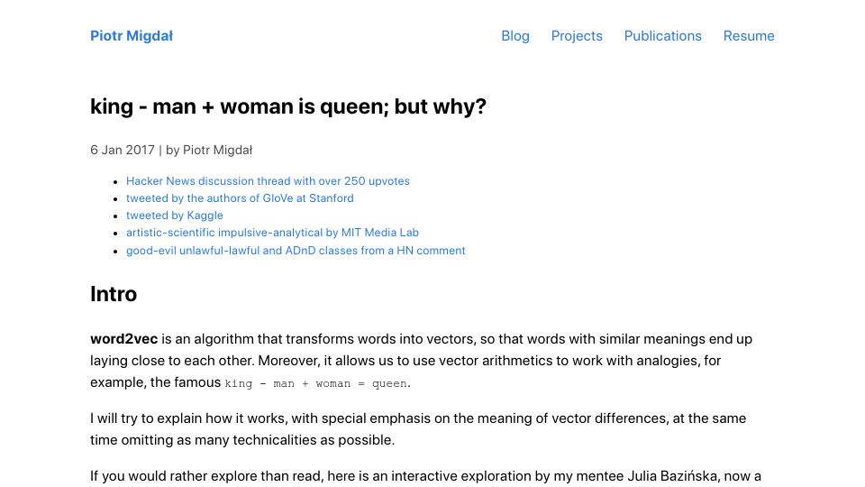 Screenshot of p.migdal.pl: King – man + woman is queen; but why? (2017)