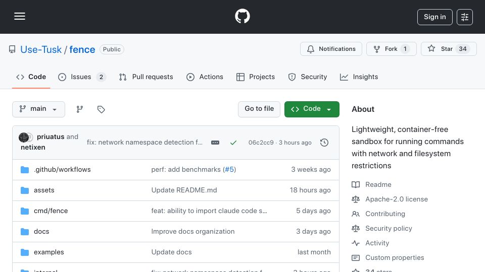 Screenshot of github.com: Show HN: Fence – Sandbox CLI commands with network/filesystem restrictions
