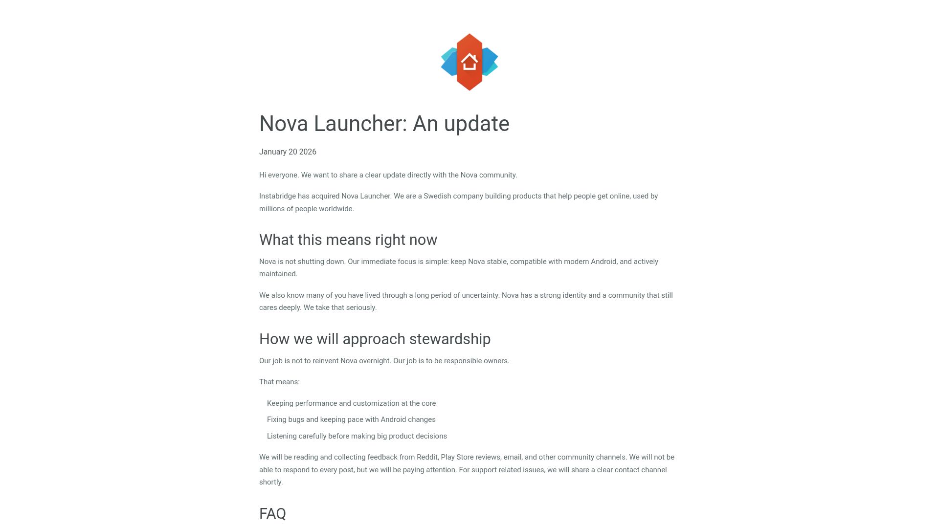Screenshot of novalauncher.com: Instabridge has acquired Nova Launcher
