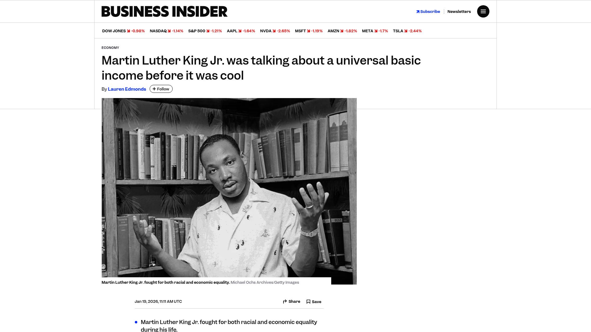 Screenshot of businessinsider.com: Martin Luther King was talking about a universal basic income before it was cool