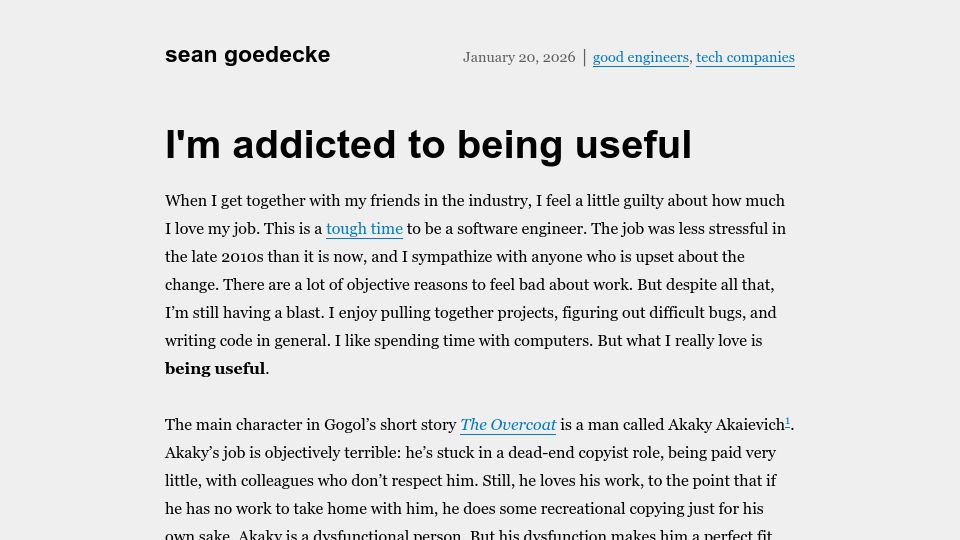 Screenshot of seangoedecke.com: I'm addicted to being useful