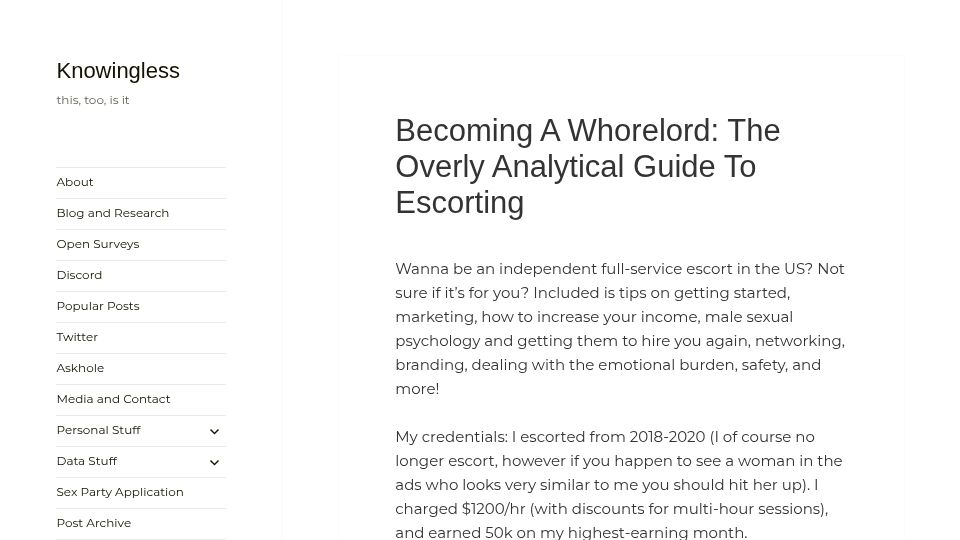 Screenshot of knowingless.com: Becoming a Whorelord: The Overly Analytical Guide to Escorting (2021)
