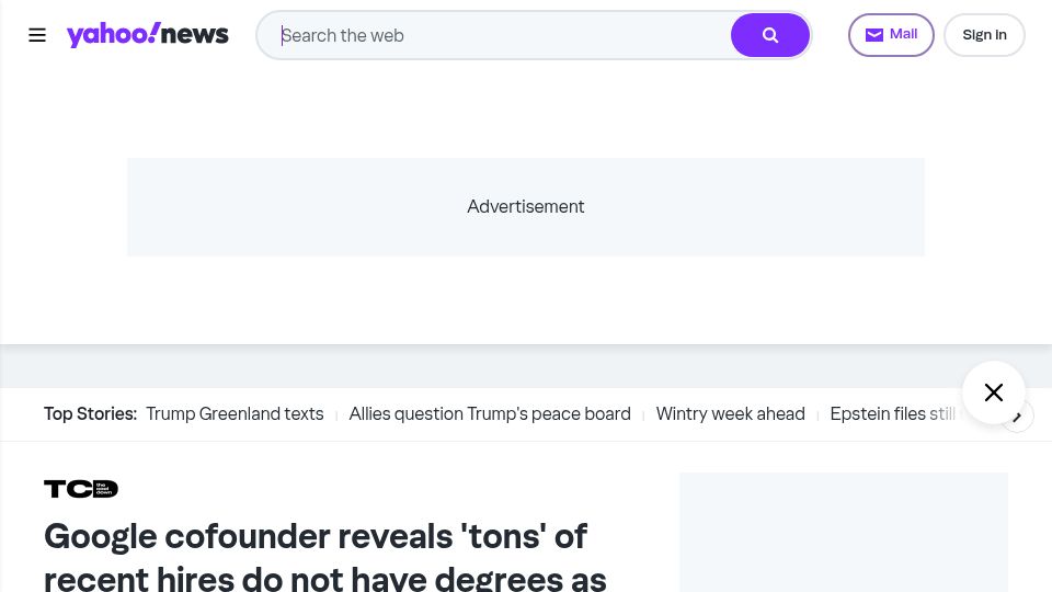 Screenshot of yahoo.com: Google co-founder reveals that "many" of the new hires do not have a degree