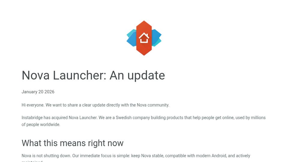 Screenshot of novalauncher.com: Instabridge has acquired Nova Launcher