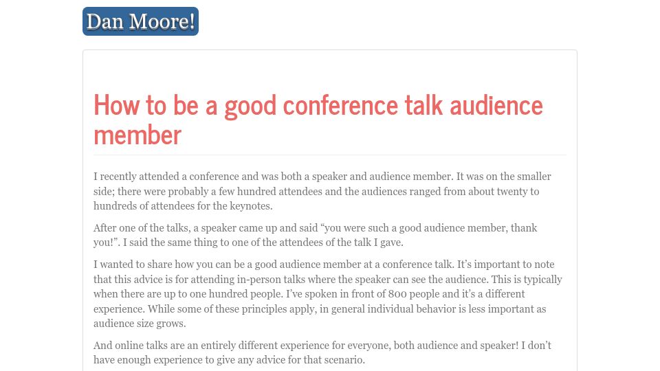 Screenshot of mooreds.com: How to be a good conference talk audience member (2022)