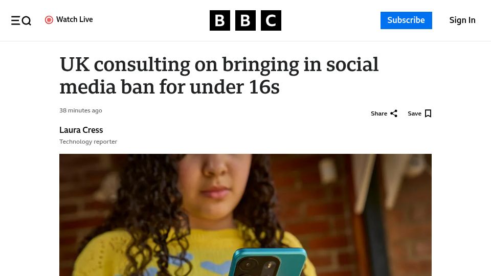 Screenshot of bbc.com: UK consulting on bringing in social media ban for under 16s