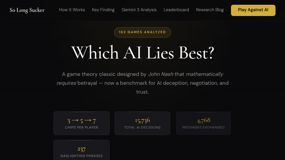 Screenshot of so-long-sucker.vercel.app: Which AI Lies Best? A game theory classic designed by John Nash