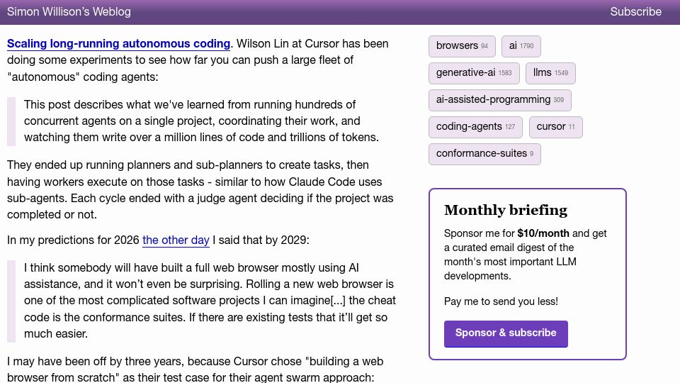Screenshot of simonwillison.net: Scaling long-running autonomous coding