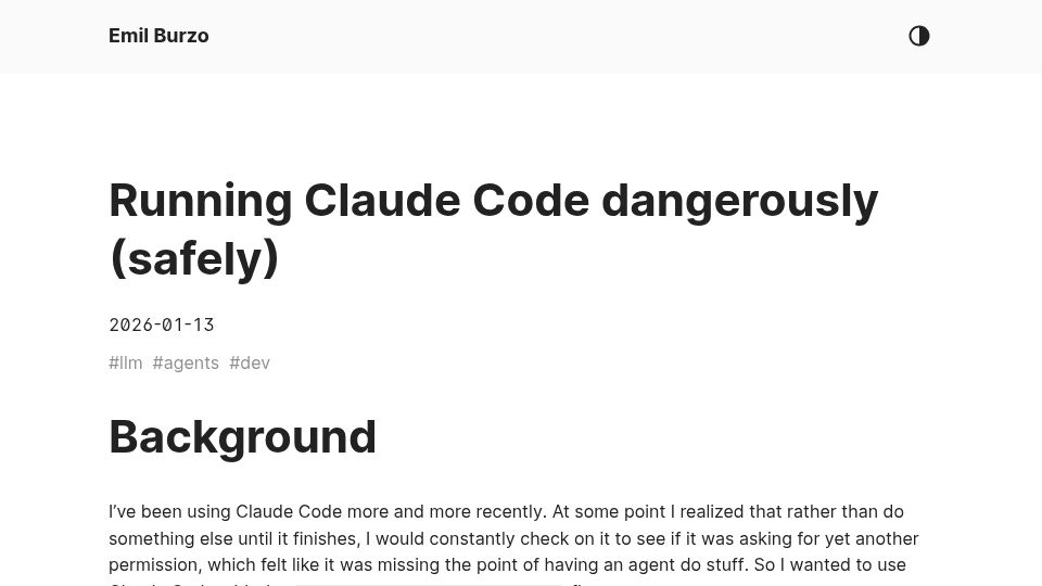 Screenshot of blog.emilburzo.com: Running Claude Code dangerously (safely)