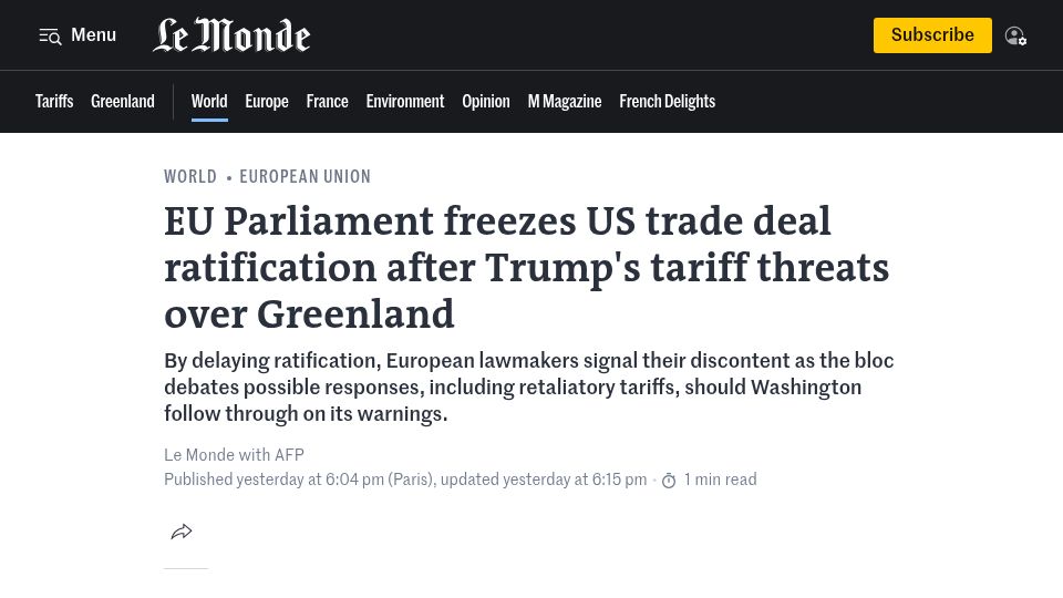 Screenshot of lemonde.fr: EU Parliament freezes US trade deal ratification