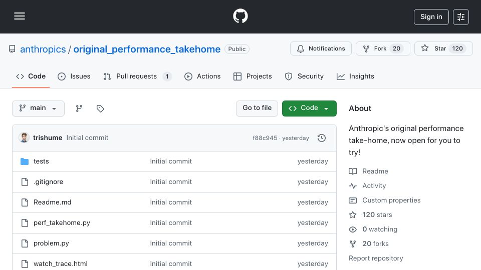 Screenshot of github.com: Anthropic's original take home assignment open sourced