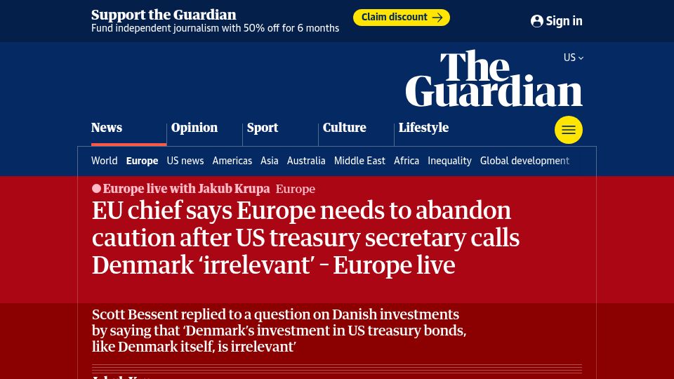 Screenshot of theguardian.com: EU chief says EU should abandon caution after Bessent calls Denmark 'irrelevant'