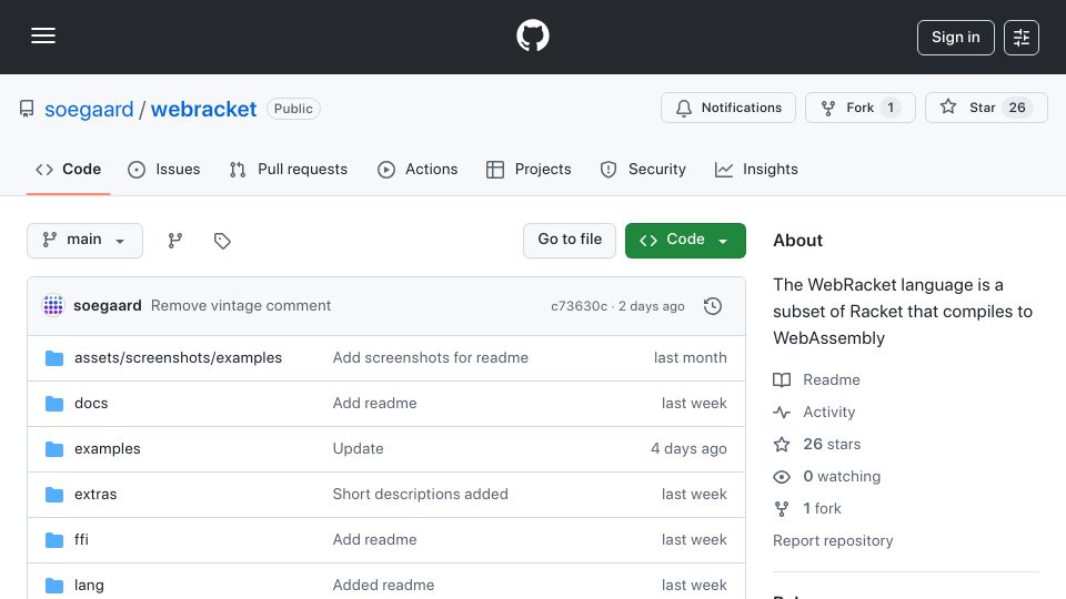 Screenshot of github.com: The WebRacket language is a subset of Racket that compiles to WebAssembly