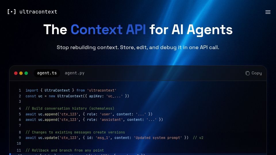 Screenshot of ultracontext.ai: Show HN: UltraContext – A simple context API for AI agents with auto-versioning