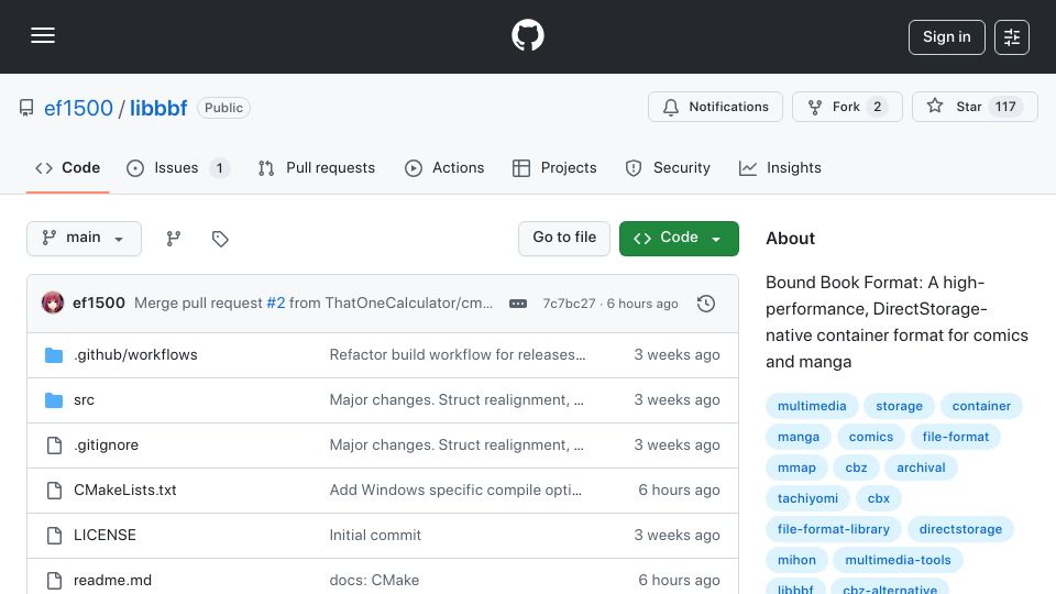 Screenshot of github.com: Libbbf: Bound Book Format, A high-performance container for comics and manga