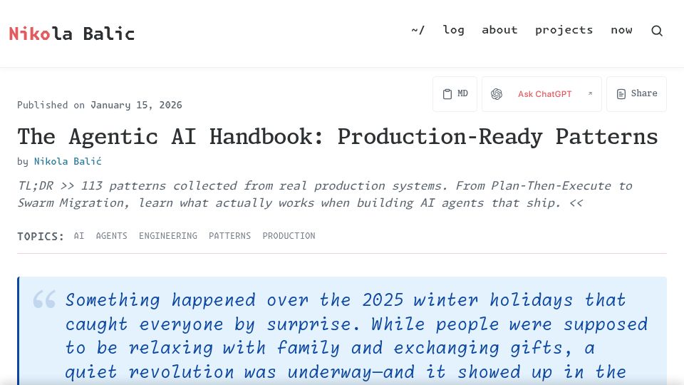 Screenshot of nibzard.com: The Agentic AI Handbook: Production-Ready Patterns