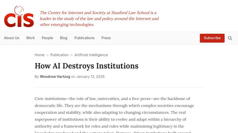 Screenshot of cyberlaw.stanford.edu: How AI destroys institutions