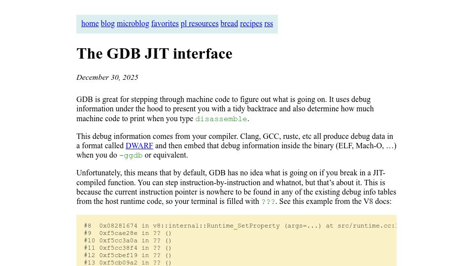 Screenshot of bernsteinbear.com: The GDB JIT Interface