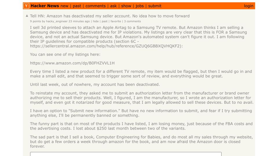 Screenshot of Hacker News post: Tell HN: Amazon has deactivated my seller account. No idea how to move forward