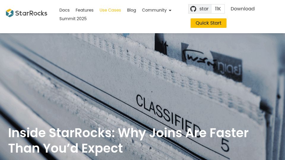 Screenshot of starrocks.io: Challenges in join optimization