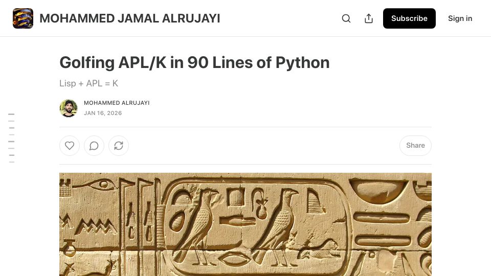 Screenshot of aljamal.substack.com: Golfing APL/K in 90 Lines of Python