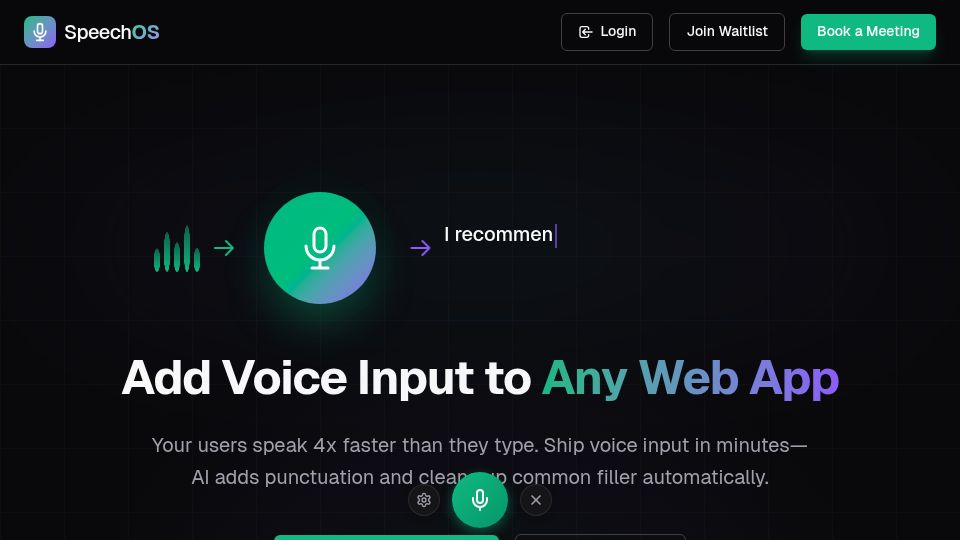 Screenshot of speechos.ai: Show HN: SpeechOS – Wispr Flow-inspired voice input for any web app