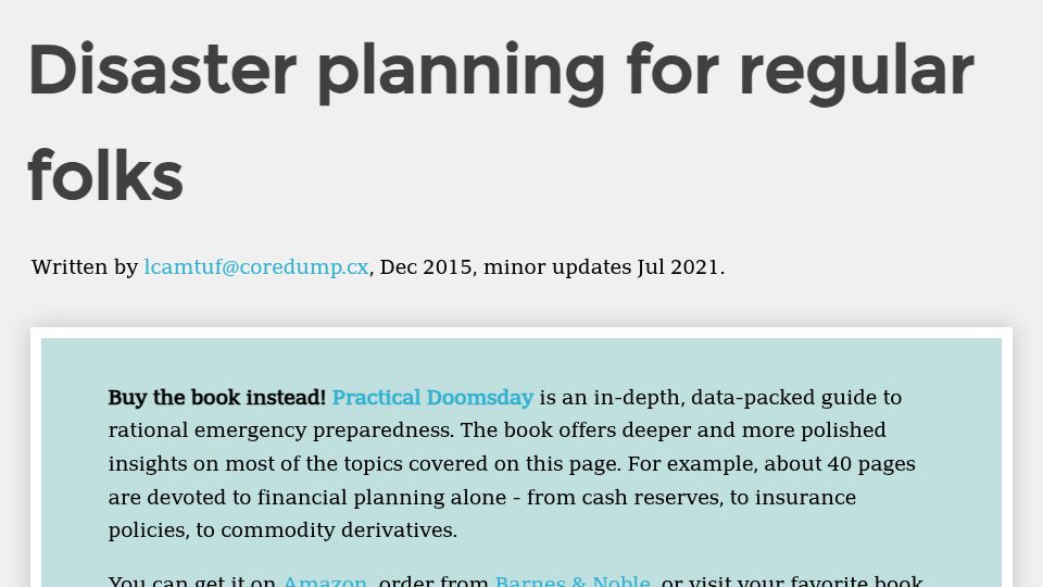 Screenshot of lcamtuf.coredump.cx: Disaster planning for regular folks (2015)